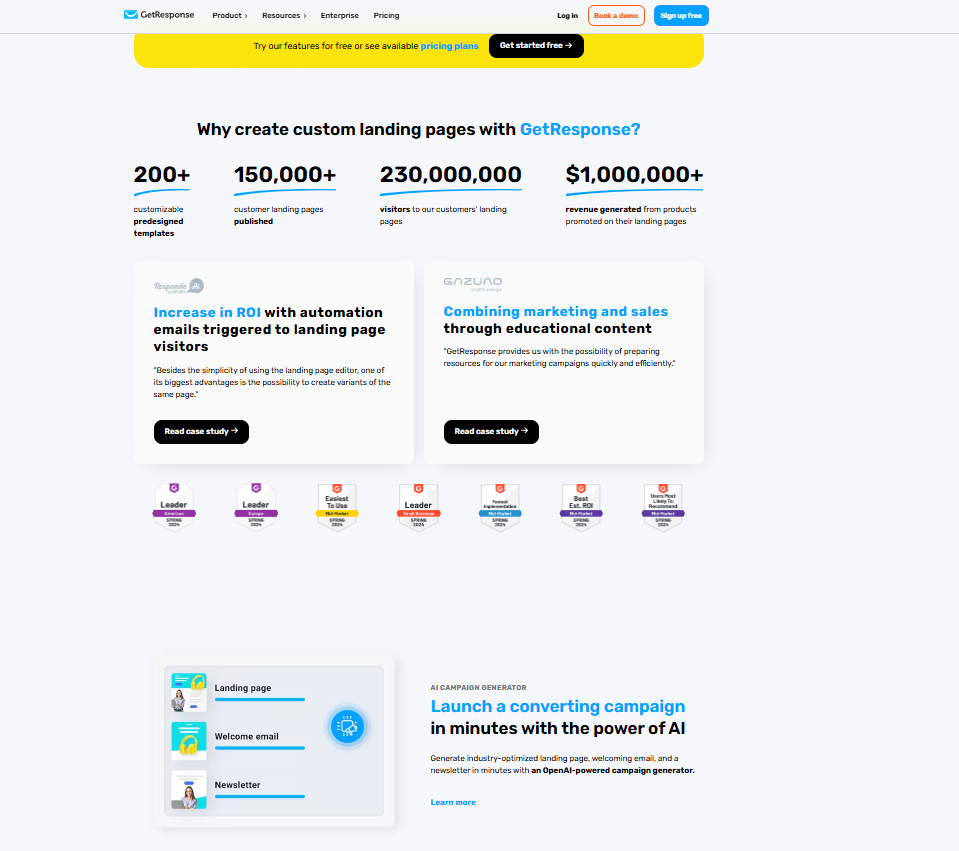 MailerLite vs GetResponse: GetResponse Landing Pages